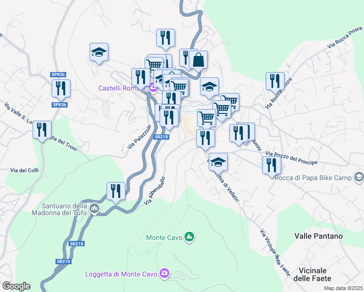 map of restaurants, bars, coffee shops, grocery stores, and more near 18 Via Alberobello in Rocca di Papa