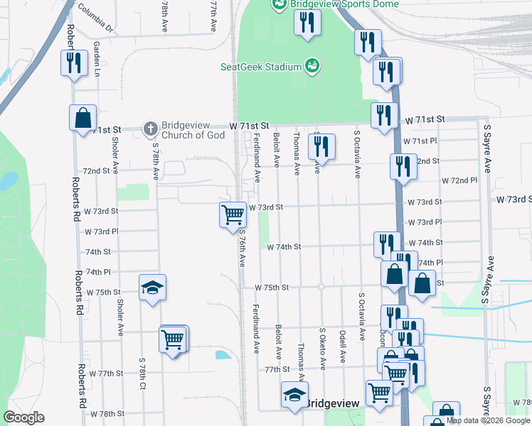 map of restaurants, bars, coffee shops, grocery stores, and more near 7300 Ferdinand Avenue in Bridgeview