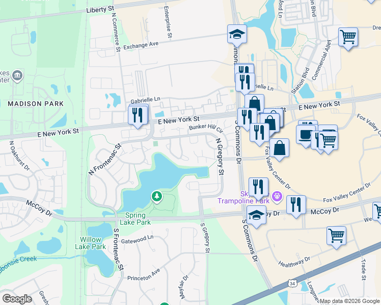 map of restaurants, bars, coffee shops, grocery stores, and more near 200 Raintree Court in Aurora