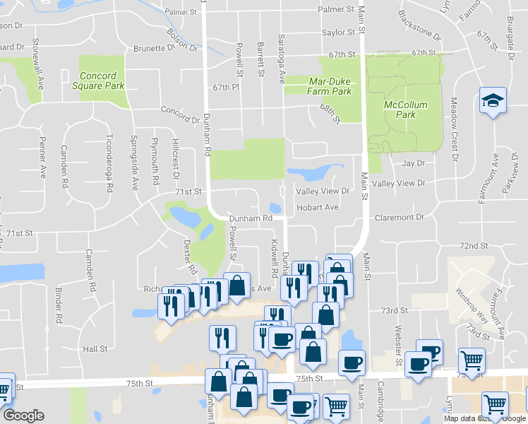 map of restaurants, bars, coffee shops, grocery stores, and more near 7151 Barrett Street in Downers Grove
