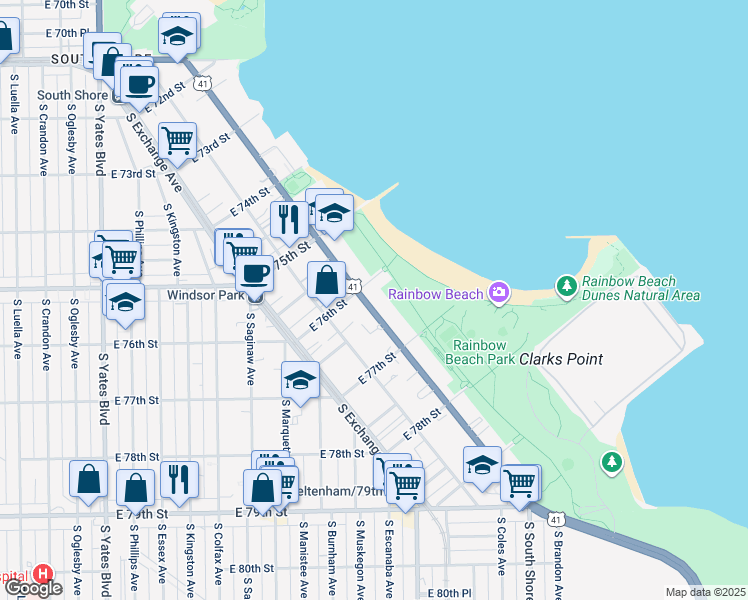 map of restaurants, bars, coffee shops, grocery stores, and more near 7617 South South Shore Drive in Chicago