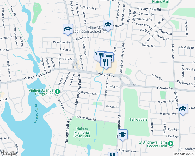 map of restaurants, bars, coffee shops, grocery stores, and more near 21 Harriet Street in East Providence
