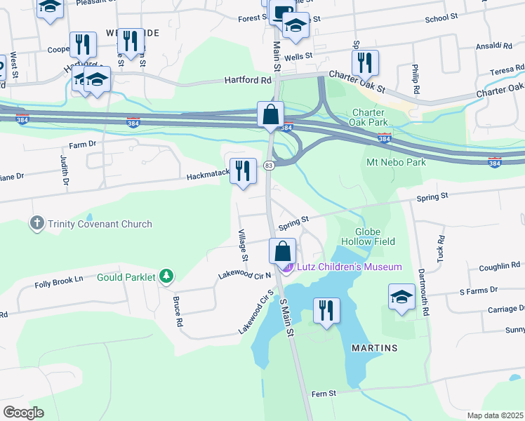 map of restaurants, bars, coffee shops, grocery stores, and more near 17 Sunset Street in Manchester