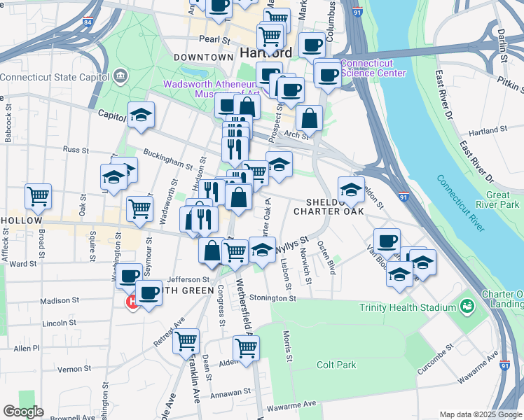 map of restaurants, bars, coffee shops, grocery stores, and more near 33 Charter Oak Place in Hartford
