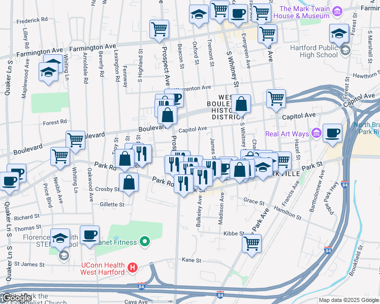 map of restaurants, bars, coffee shops, grocery stores, and more near 24 Beacon Street in Hartford