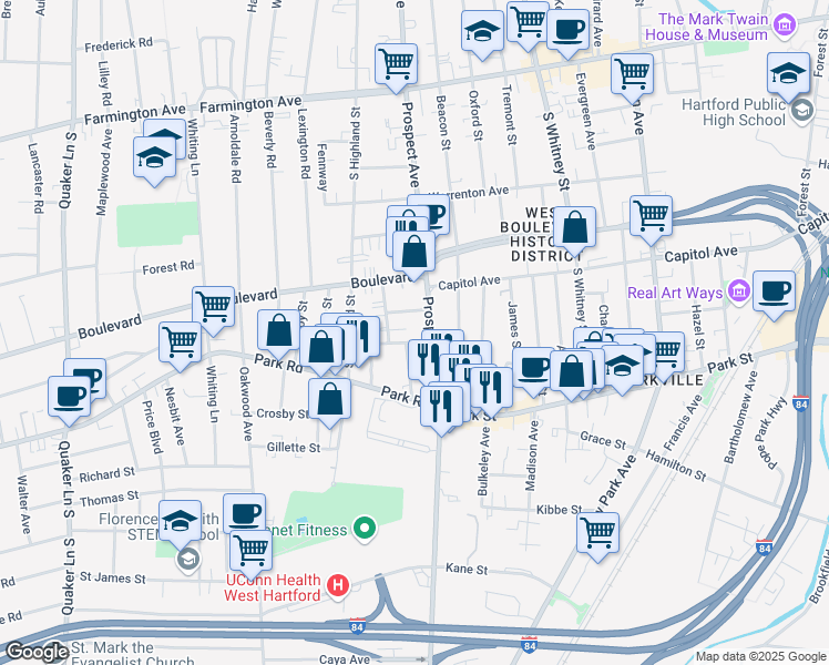 map of restaurants, bars, coffee shops, grocery stores, and more near 395 Prospect Avenue in Hartford