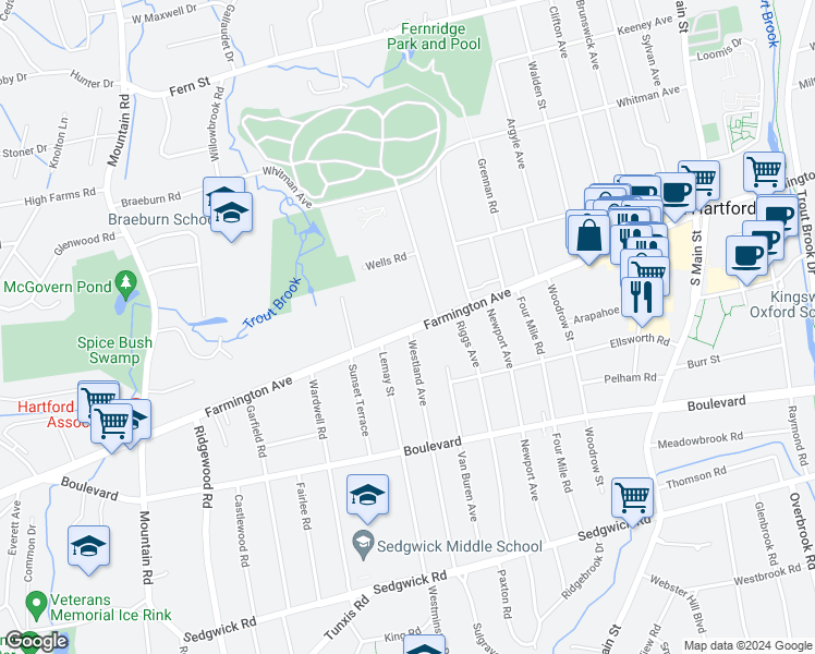 map of restaurants, bars, coffee shops, grocery stores, and more near 1087 Farmington Avenue in West Hartford