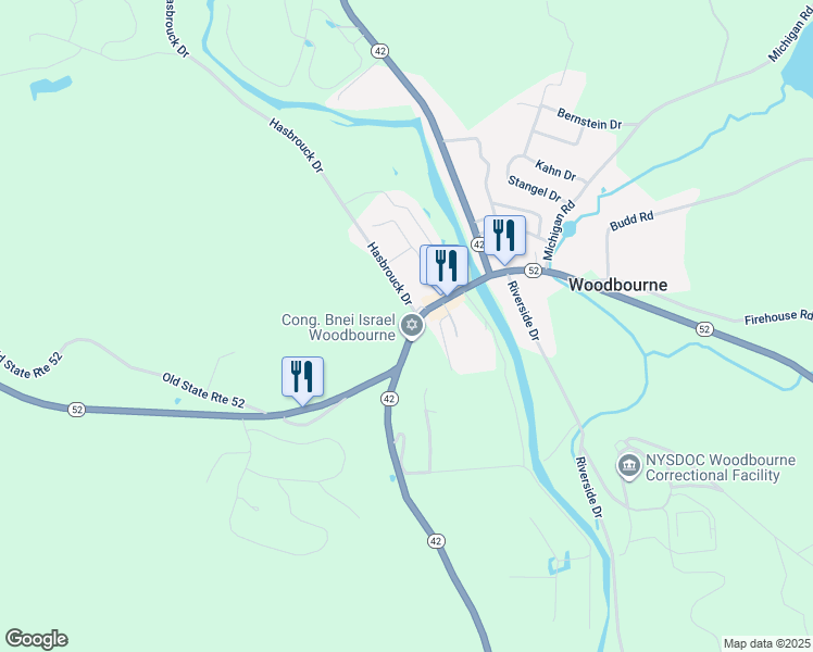 map of restaurants, bars, coffee shops, grocery stores, and more near 458 New York 52 in Woodbourne