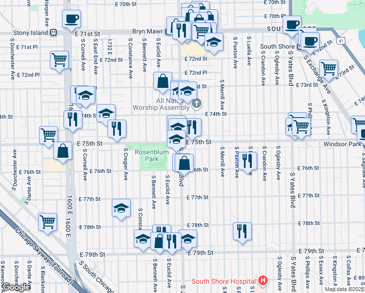 map of restaurants, bars, coffee shops, grocery stores, and more near 7509 South Jeffery Boulevard in Chicago