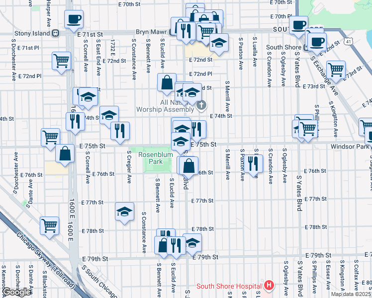 map of restaurants, bars, coffee shops, grocery stores, and more near 7509 South Jeffery Boulevard in Chicago