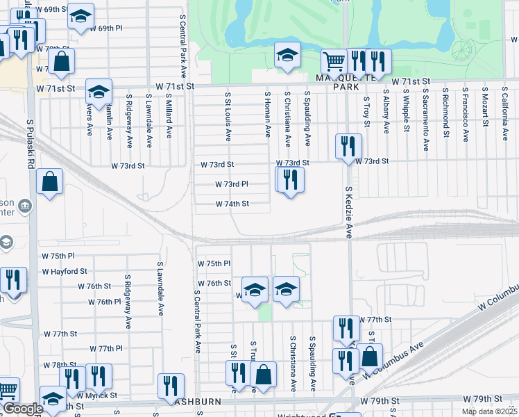 map of restaurants, bars, coffee shops, grocery stores, and more near 3407 West 74th Street in Chicago