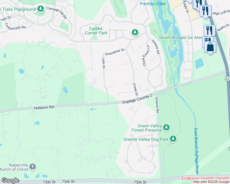 map of restaurants, bars, coffee shops, grocery stores, and more near 7S681 Lynn Drive in Naperville