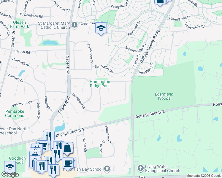 map of restaurants, bars, coffee shops, grocery stores, and more near 1012 Liberty Drive in Naperville