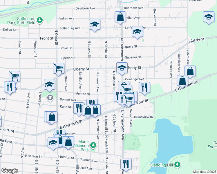map of restaurants, bars, coffee shops, grocery stores, and more near 214 North Kendall Street in Aurora