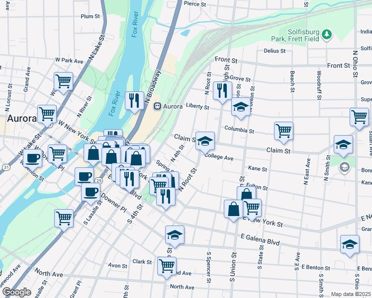 map of restaurants, bars, coffee shops, grocery stores, and more near 149 North 4th Street in Aurora