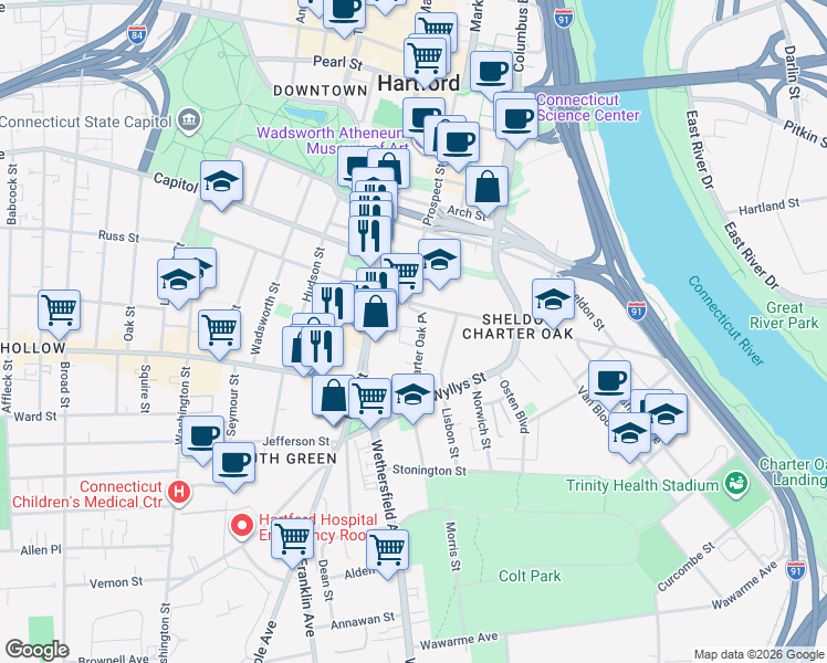 map of restaurants, bars, coffee shops, grocery stores, and more near 33 Charter Oak Place in Hartford