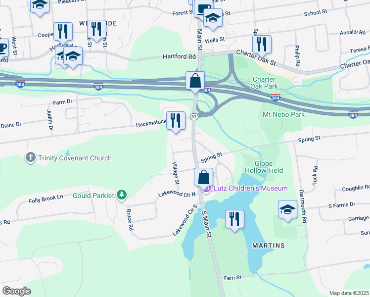 map of restaurants, bars, coffee shops, grocery stores, and more near 17 Sunset Street in Manchester