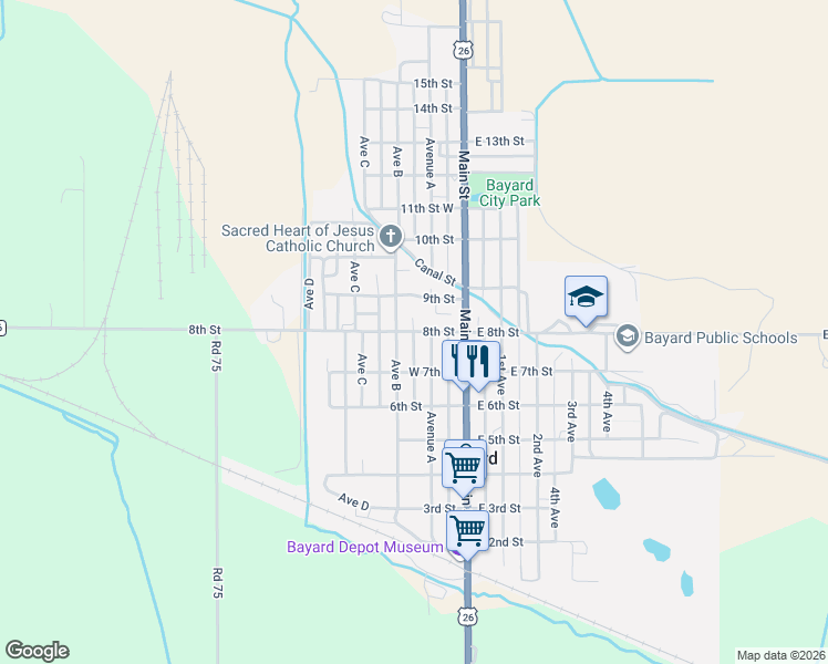 map of restaurants, bars, coffee shops, grocery stores, and more near 249 8th Street in Bayard