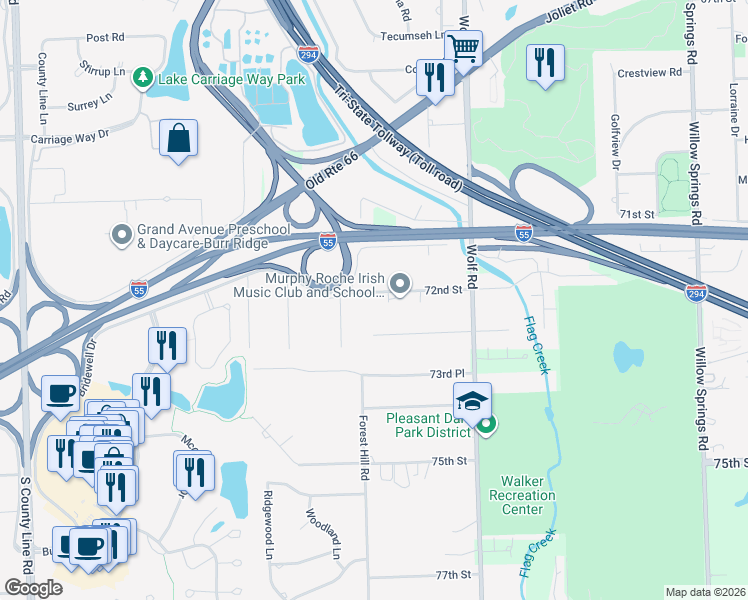 map of restaurants, bars, coffee shops, grocery stores, and more near 7201 Central Avenue in Burr Ridge