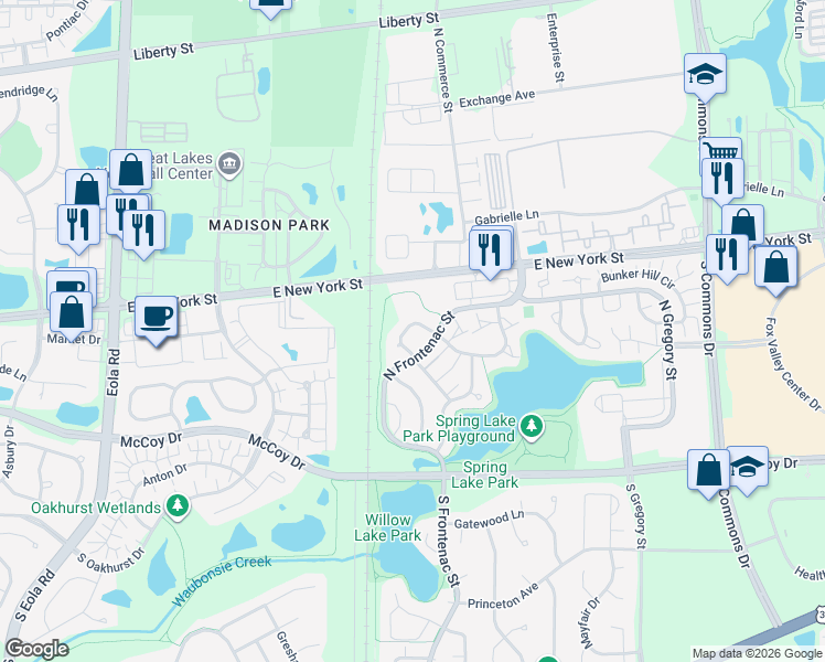 map of restaurants, bars, coffee shops, grocery stores, and more near 323 Cane Garden Circle in Aurora