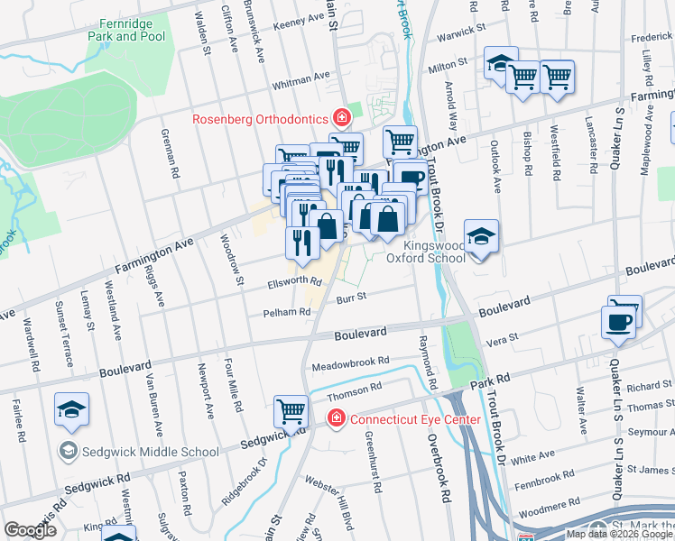 map of restaurants, bars, coffee shops, grocery stores, and more near 54 South Main Street in West Hartford