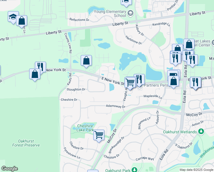 map of restaurants, bars, coffee shops, grocery stores, and more near 2465 Stoughton Circle in Aurora