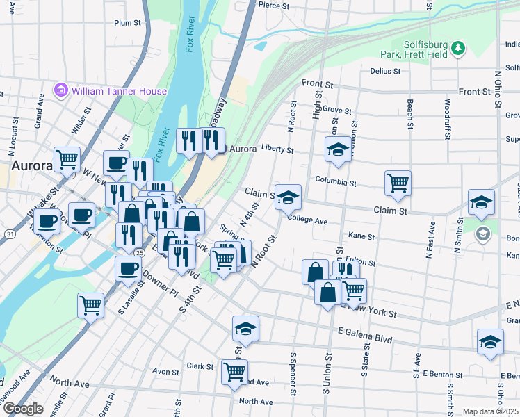 map of restaurants, bars, coffee shops, grocery stores, and more near 159 North 4th Street in Aurora