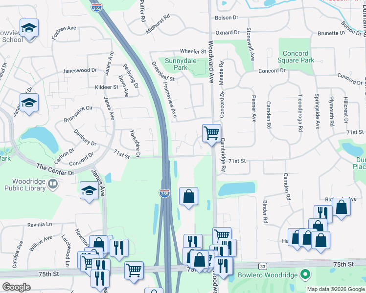 map of restaurants, bars, coffee shops, grocery stores, and more near 7060 Brighton Court in Woodridge