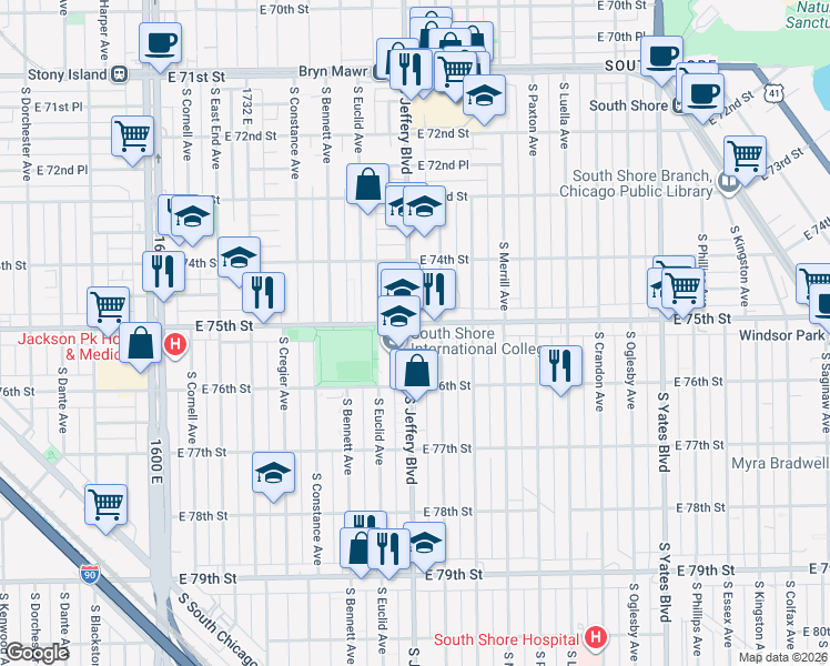 map of restaurants, bars, coffee shops, grocery stores, and more near 7505 South Jeffery Boulevard in Chicago