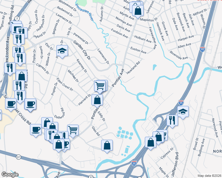 map of restaurants, bars, coffee shops, grocery stores, and more near Pontiac Avenue in Cranston
