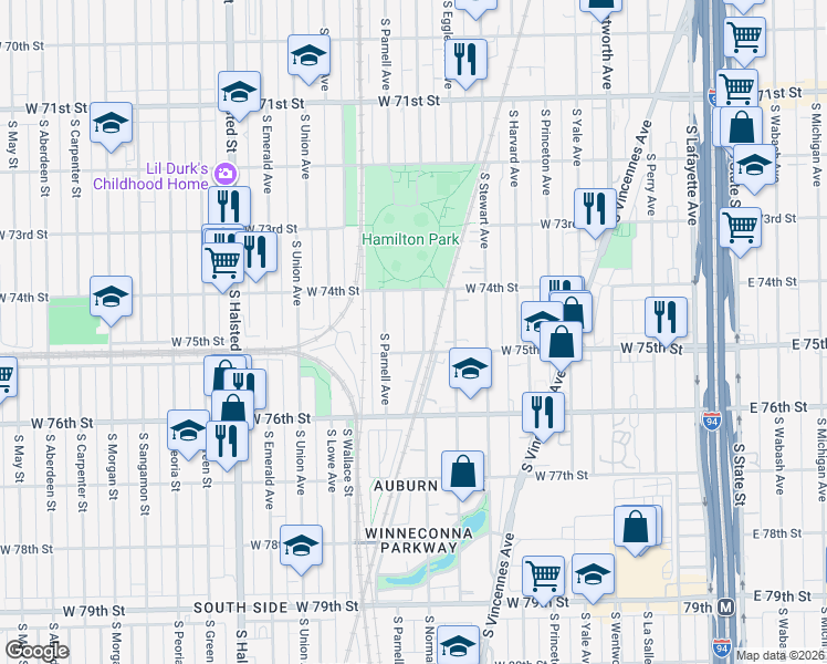 map of restaurants, bars, coffee shops, grocery stores, and more near 7440 South Normal Avenue in Chicago