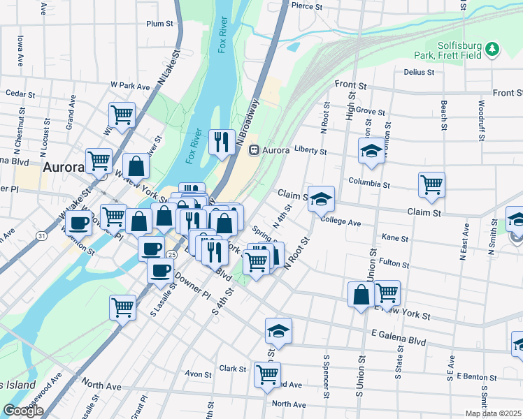 map of restaurants, bars, coffee shops, grocery stores, and more near 129 North Lincoln Avenue in Aurora