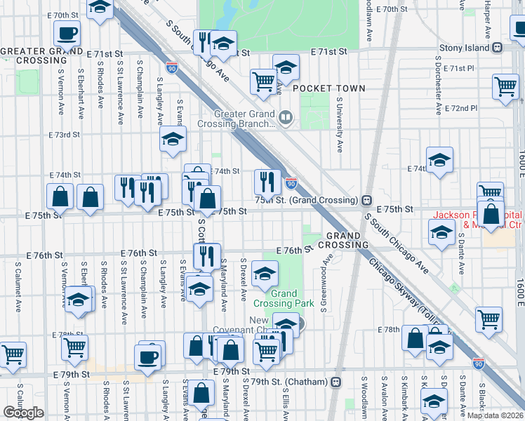 map of restaurants, bars, coffee shops, grocery stores, and more near E 75th St & S Ingleside Ave in Chicago