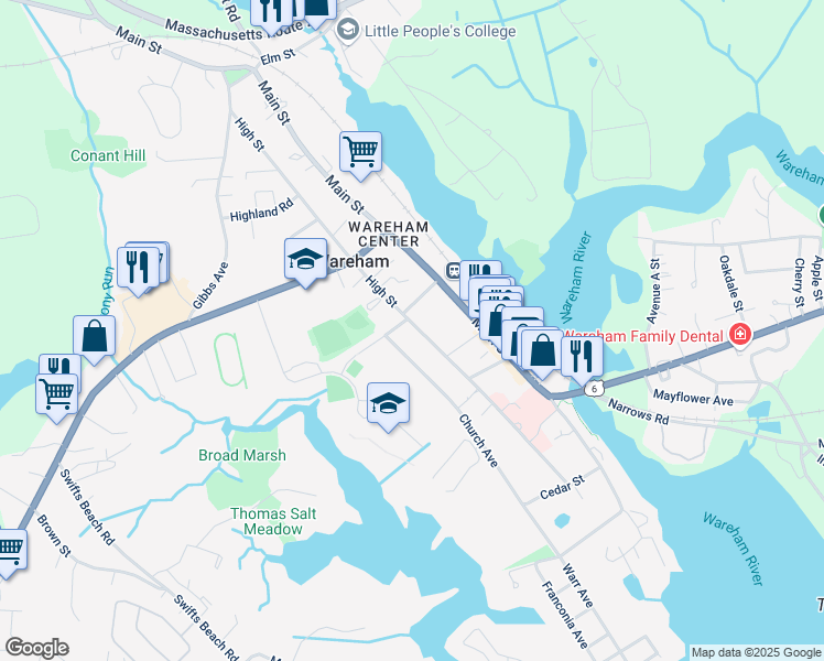 map of restaurants, bars, coffee shops, grocery stores, and more near 118 High Street in Wareham