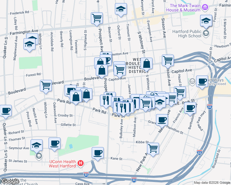 map of restaurants, bars, coffee shops, grocery stores, and more near 28 Beacon Street in Hartford