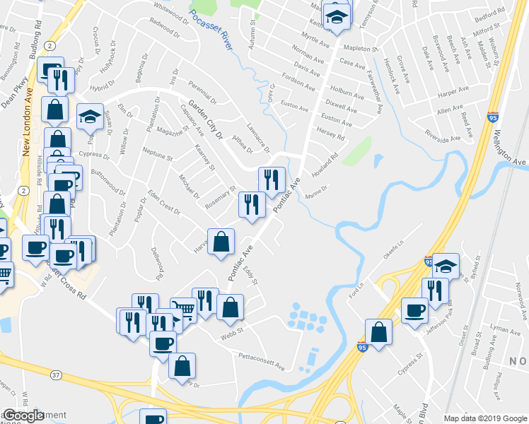 map of restaurants, bars, coffee shops, grocery stores, and more near 8 Harvard Street in Cranston
