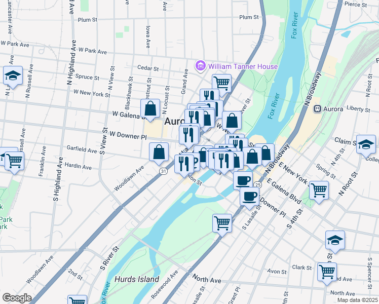 map of restaurants, bars, coffee shops, grocery stores, and more near 119 West Downer Place in Aurora