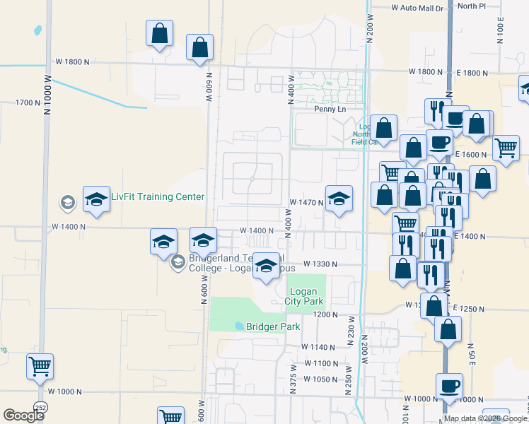 map of restaurants, bars, coffee shops, grocery stores, and more near 476 1460 North in Logan