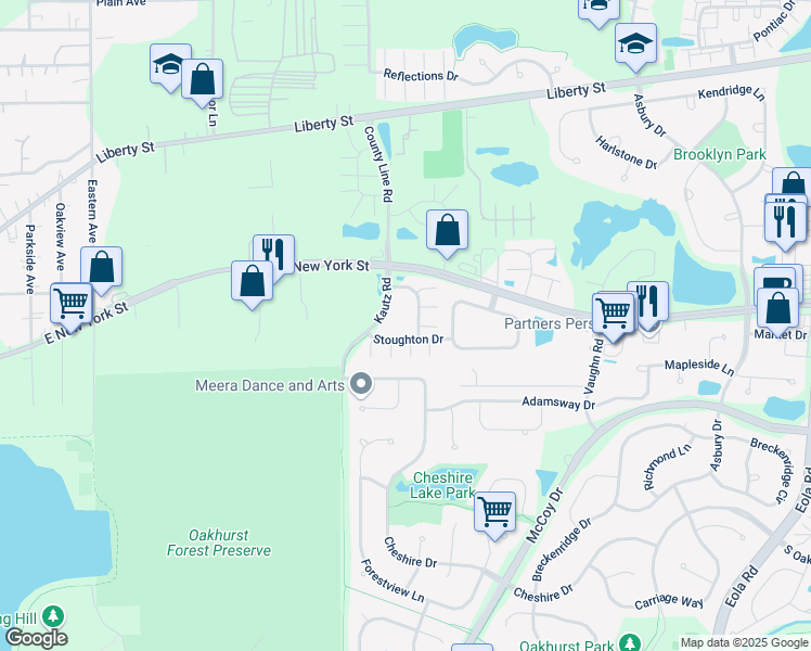 map of restaurants, bars, coffee shops, grocery stores, and more near 2238 Stoughton Drive in Aurora
