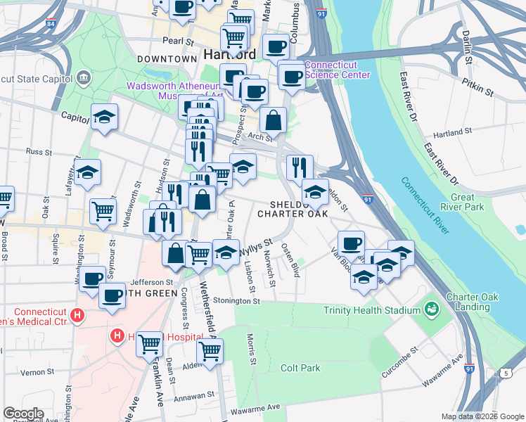 map of restaurants, bars, coffee shops, grocery stores, and more near 57 Charter Oak Avenue in Hartford