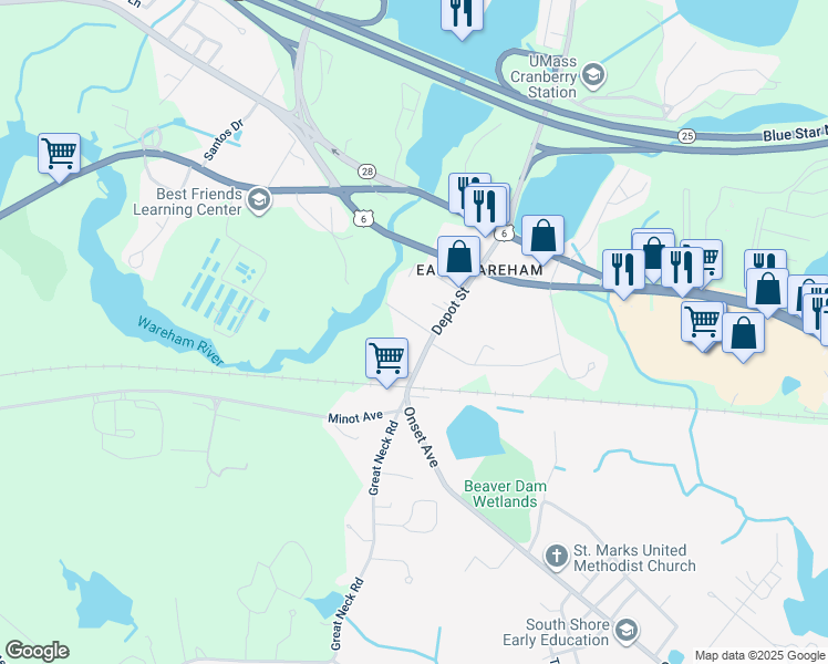 map of restaurants, bars, coffee shops, grocery stores, and more near 2 Knowles Ave in Wareham