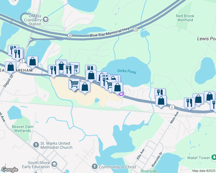 map of restaurants, bars, coffee shops, grocery stores, and more near 3018A Cranberry Highway in Wareham