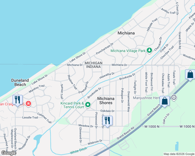 map of restaurants, bars, coffee shops, grocery stores, and more near 3818 Hiawatha Drive in Michiana Shores