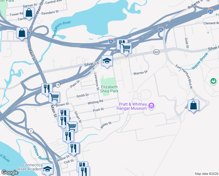 map of restaurants, bars, coffee shops, grocery stores, and more near 69 Mercer Avenue in East Hartford