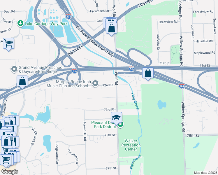 map of restaurants, bars, coffee shops, grocery stores, and more near 7206 Wolf Road in Willowbrook