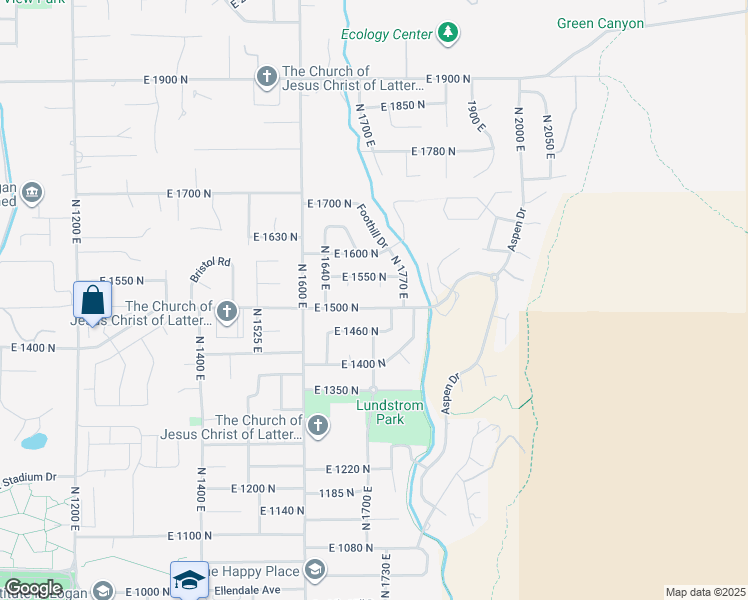 map of restaurants, bars, coffee shops, grocery stores, and more near 1727 East 1500 North in Logan