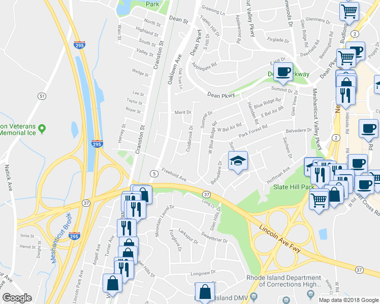 map of restaurants, bars, coffee shops, grocery stores, and more near 33 Coldbrook Drive in Cranston