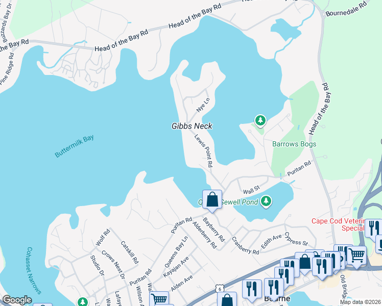 map of restaurants, bars, coffee shops, grocery stores, and more near 27 Lewis Point Road in Bourne