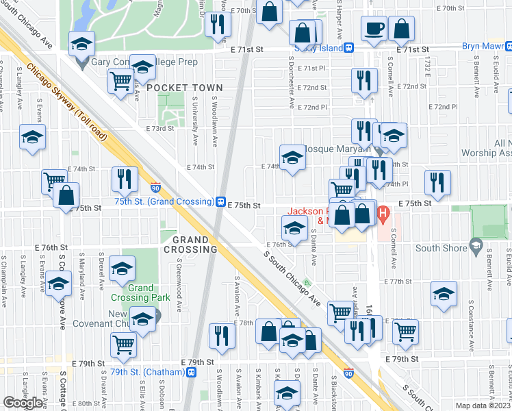 map of restaurants, bars, coffee shops, grocery stores, and more near E 75th St & S Kimbark Ave in Chicago