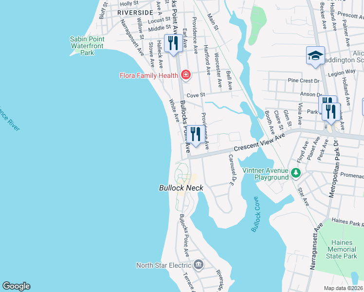 map of restaurants, bars, coffee shops, grocery stores, and more near 14 Harding Avenue in East Providence
